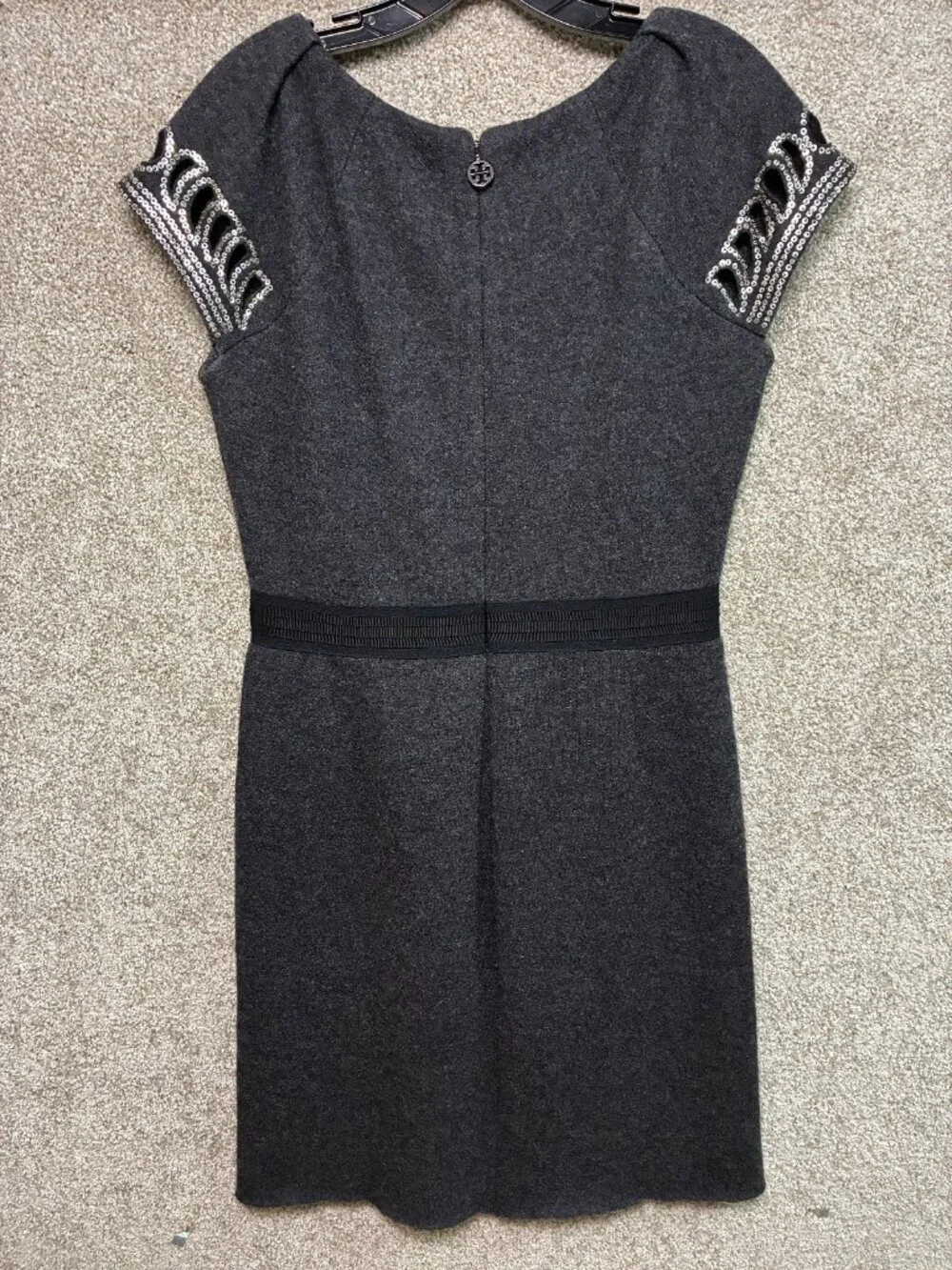Tory Burch Womens M Wool Sheath Dress Gray Sequin Cutout Embellished Cocktail